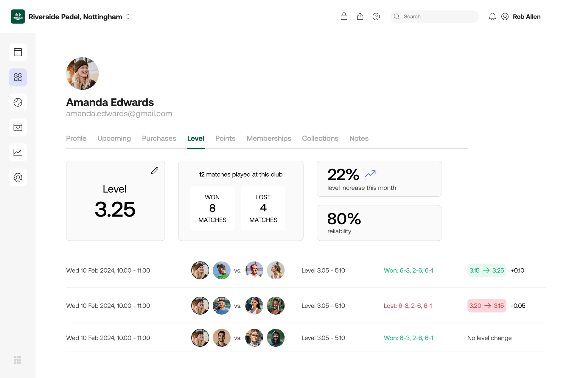 Club management system admin - player level view for padel and tennis
