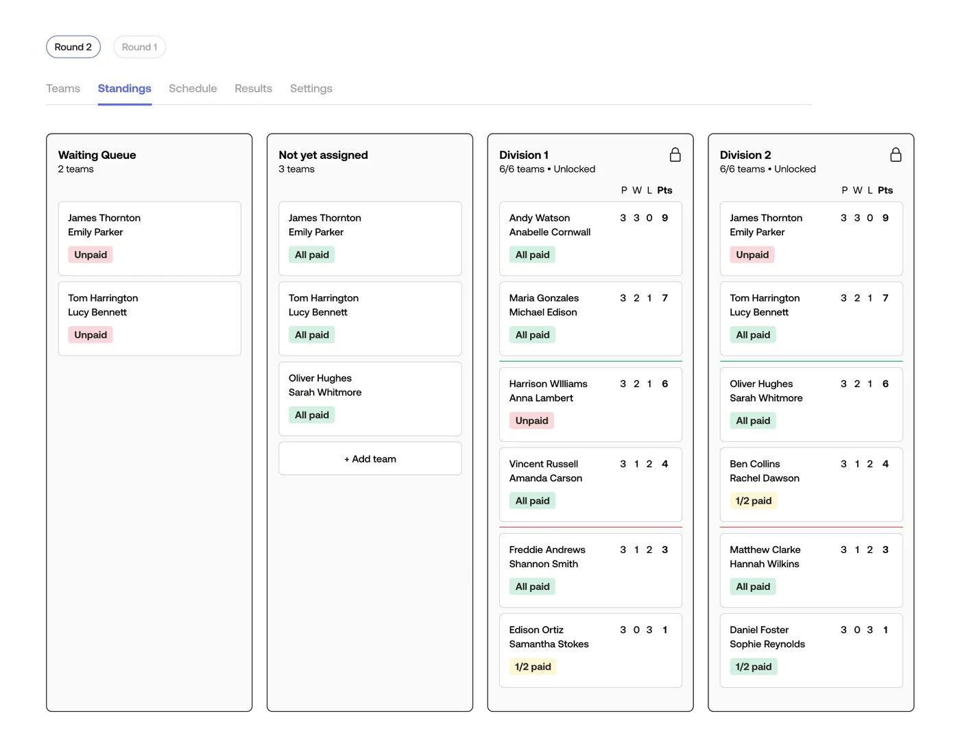 League standings and divisions in the Nettla admin
