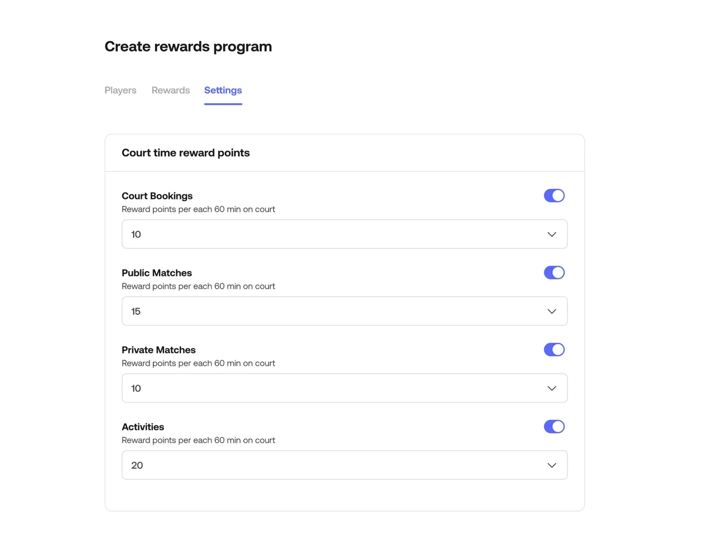 Rewards program settings in the Nettla admin