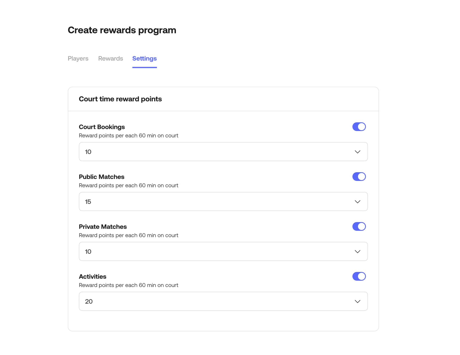 Rewards program settings screen showing configurable reward points per court booking, match type and activity