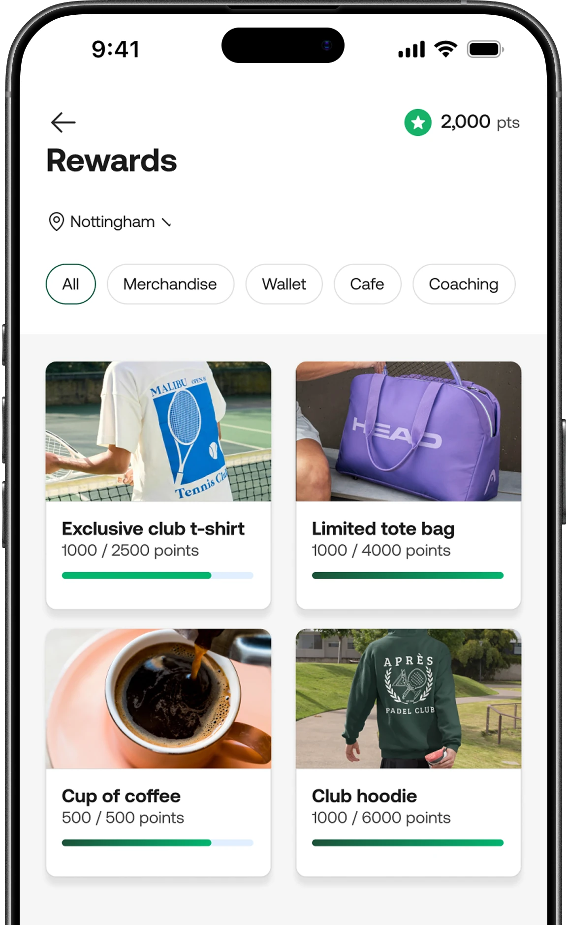Nettla rewards program app screen showing points balance and redeemable rewards