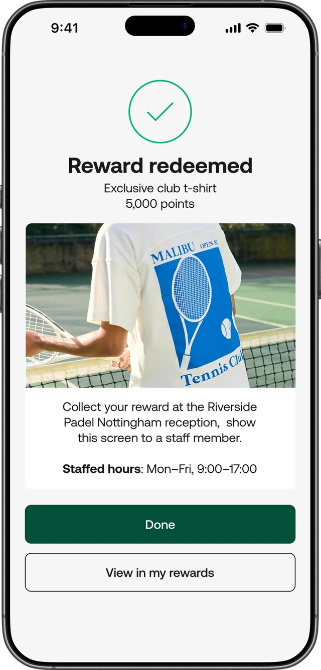 Reward redeemed confirmation screen for an exclusive club t-shirt