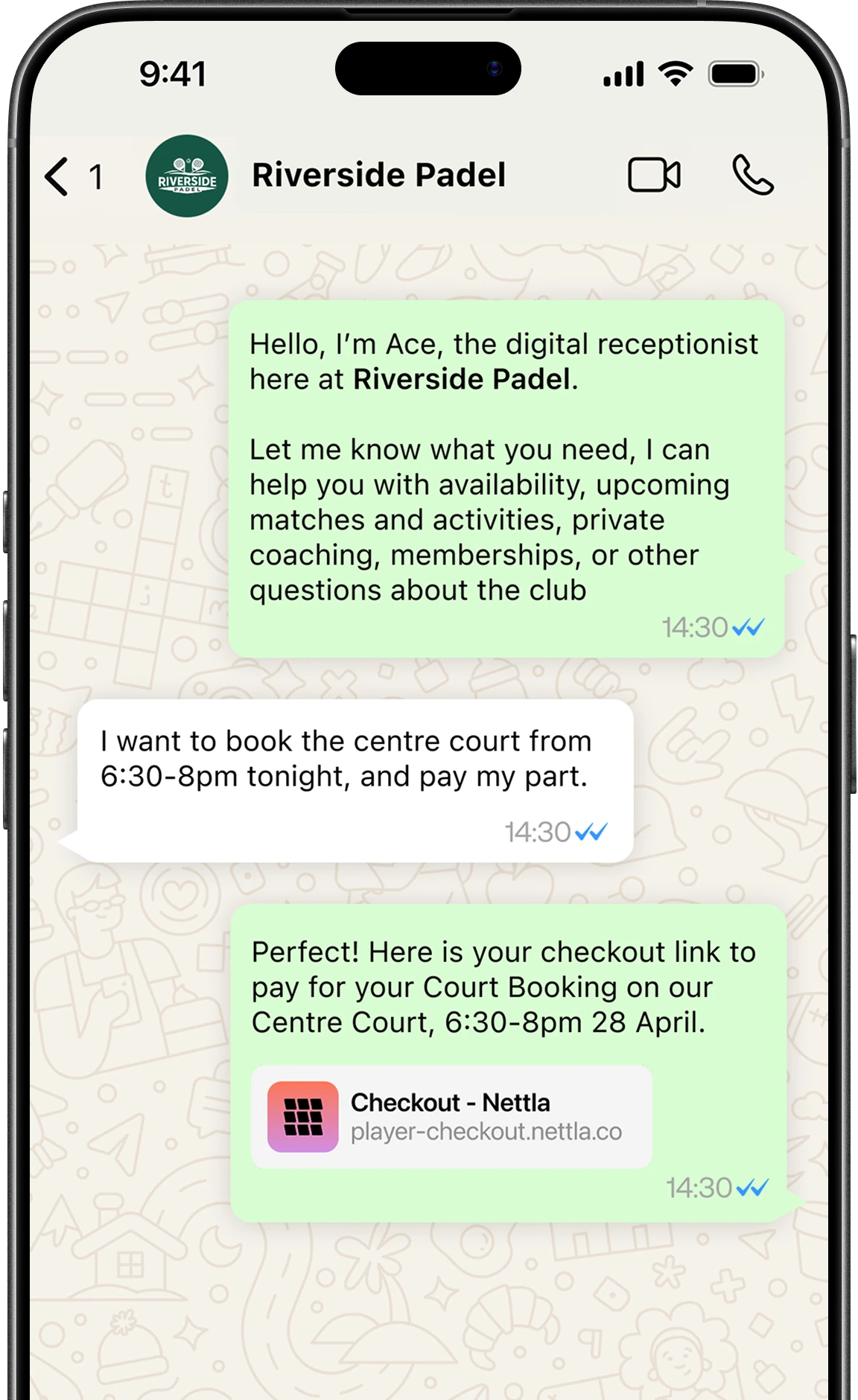 Ace AI sales agent for padel and tennis court booking via WhatsApp