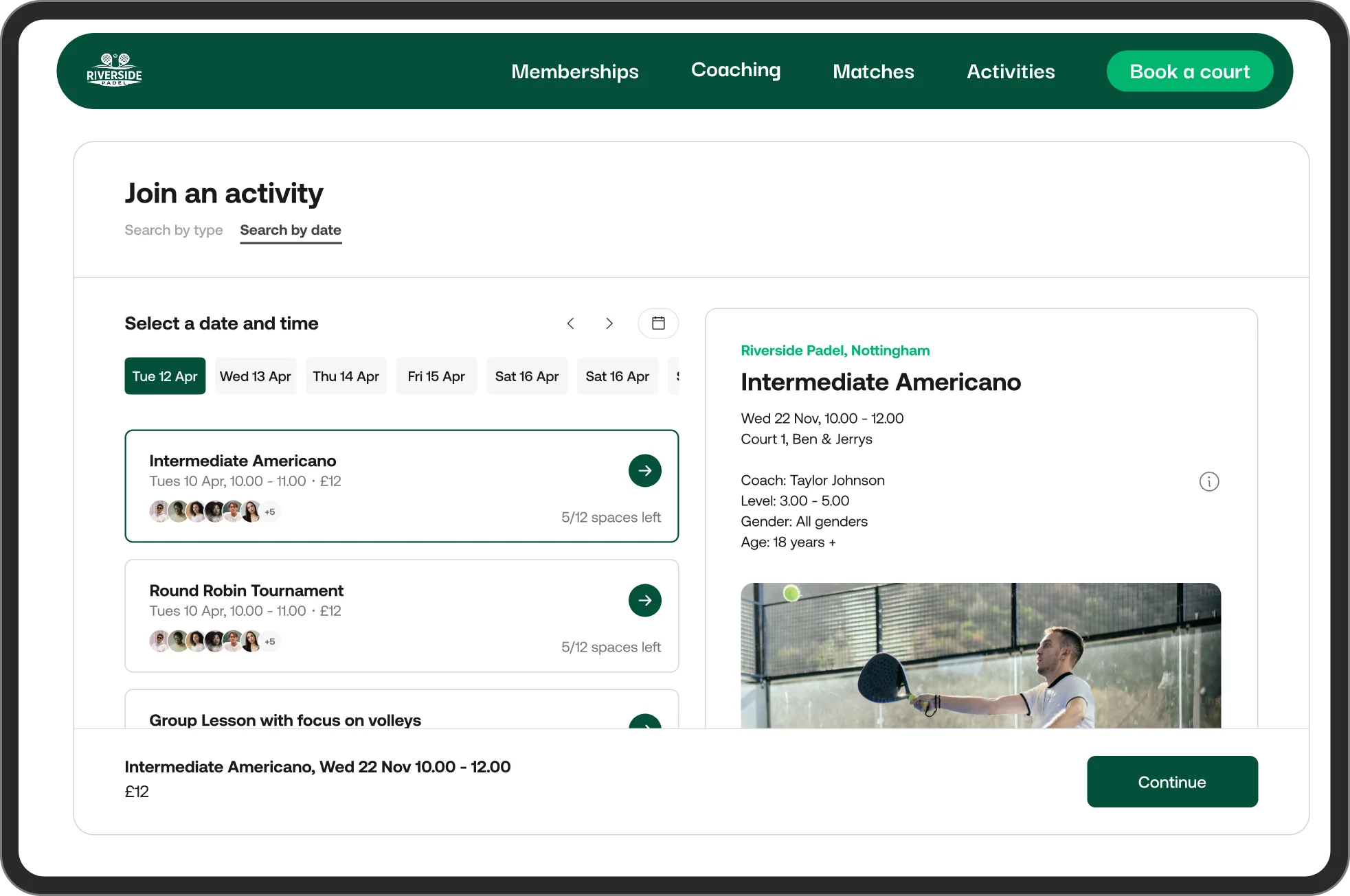 Branded website widget activities view for padel, tennis, and pickleball clubs