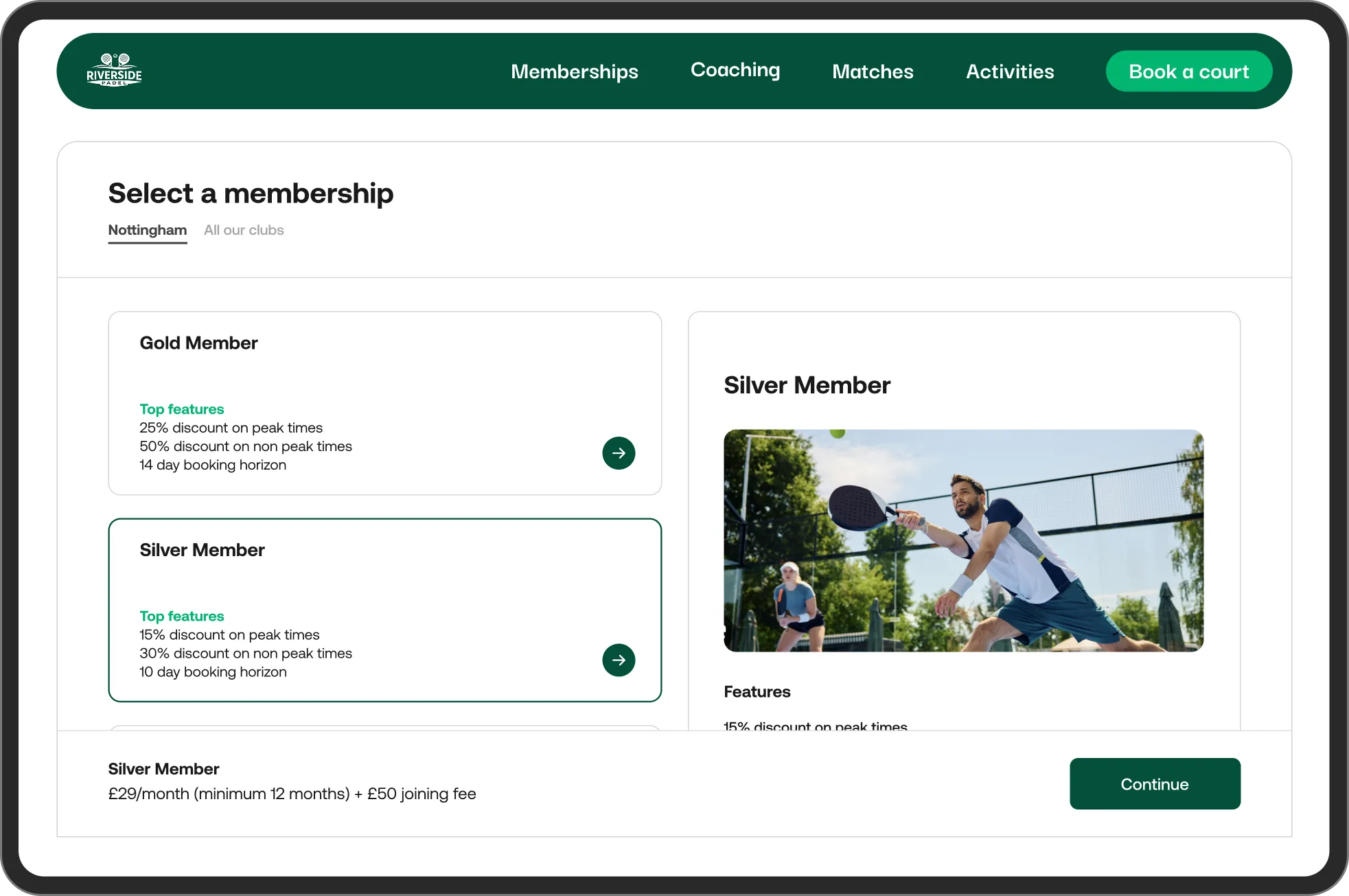 Branded website widget memberships view for padel, tennis, and pickleball clubs