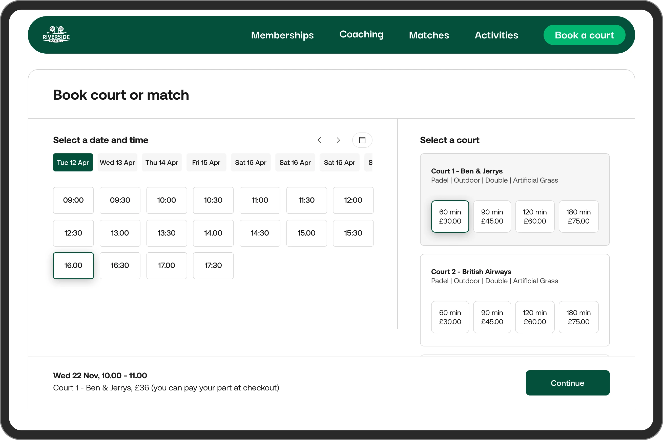 Branded court booking website widget for padel, tennis, and pickleball clubs