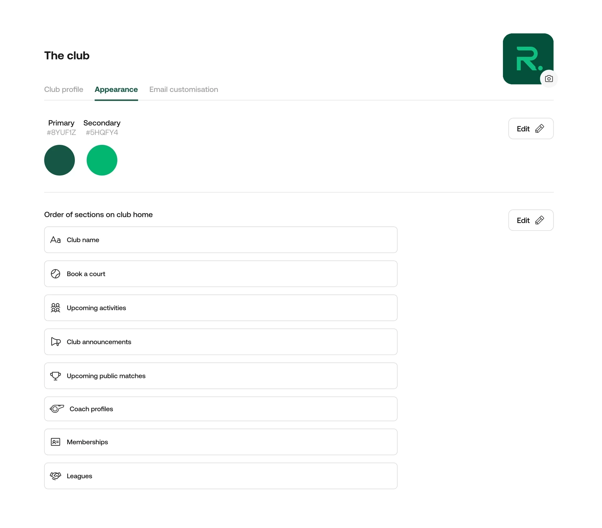 Nettla admin appearance settings with the club’s logo, brand colours and the order of sections on the club home screen
