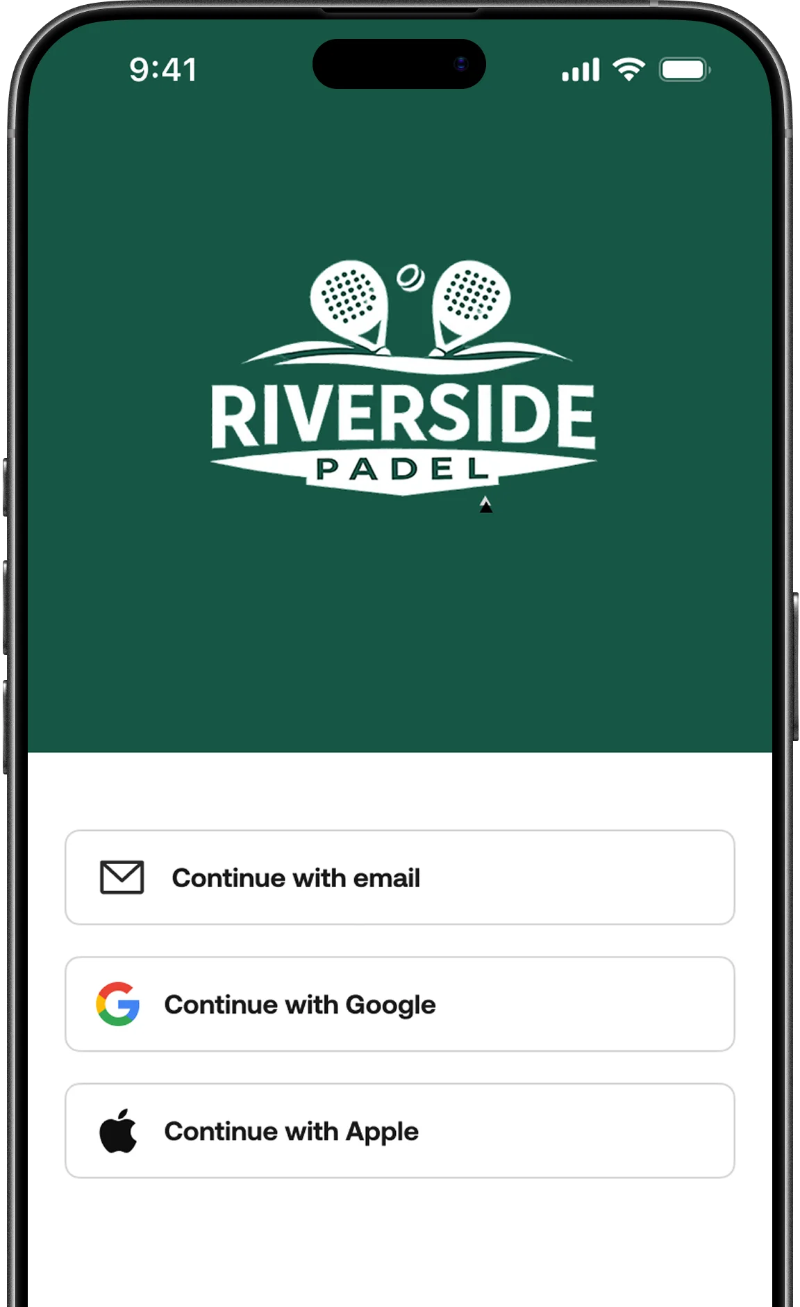 White label booking app login screen for racket sport clubs